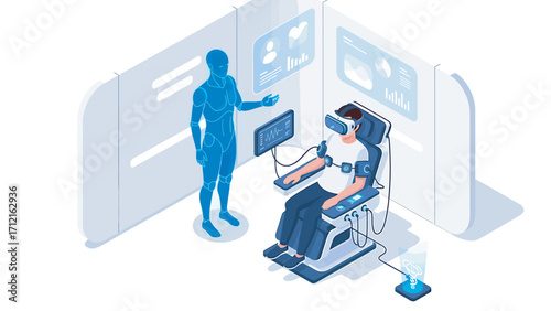 Man wearing vr headset sits in futuristic chair while blue hologram analyzes data in a modern medical research lab, showcasing advanced technology and innovation.