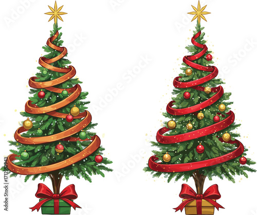 Decorated Christmas trees, festive holiday icons, ribbon garland, ornament detail, gift box base, snowy branches, seasonal celebration, winter decor, star topper