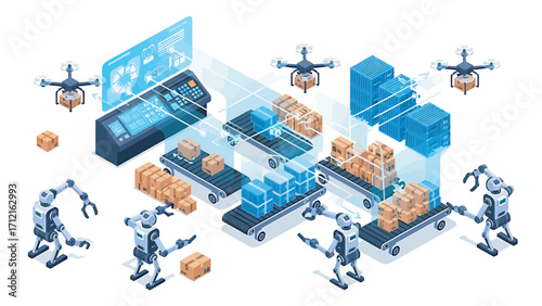 Robots and drones automate package handling on conveyor belts in a modern warehouse, showcasing efficiency and technological advancement in logistics.