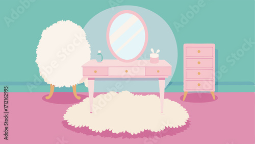 A fluffy white rug in front of a light pink vanity table complete with a vintage mirror and pastelcolored makeup.