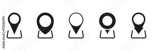 Map Pin on Docking Base Solid Icon Set. Location Marker with Destination Target and Download Pointer Silhouette Symbol Collection. Isolated Vector Illustration
