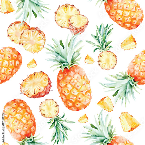 watercolor pineapple fruit seamless pattern, whole and halved hand drawn illustration wallpaper background