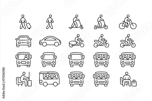 Public transport and commuting vector icons set with bus, car and bicycle symbols