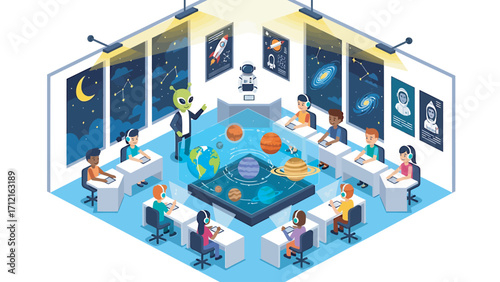 Alien teacher lecturing students about space and planets in a classroom with posters and models, creating a fun and educational atmosphere.