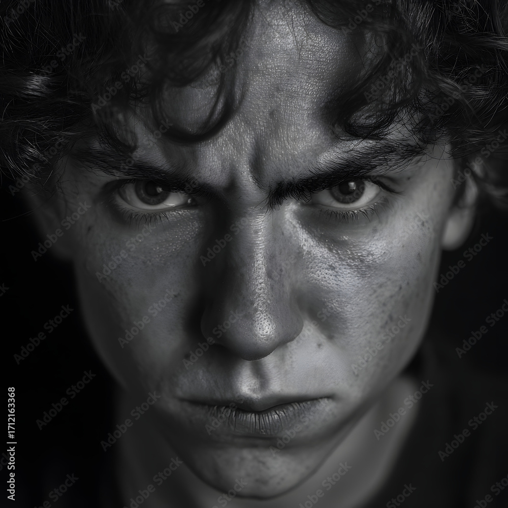 Naklejka premium Intense Close-Up Portrait of a Young Person Expressing Anger and Frustration