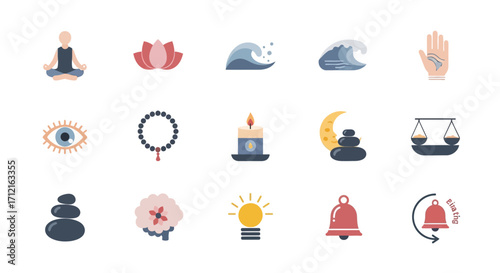 Collection of spiritual and wellness icons representing meditation yoga balance and peace.