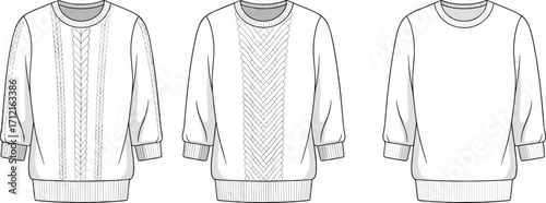 Hand drawn knitted sweater illustrations, cable knit pattern, chevron knit design, minimal ribbed pullover, winter fashion sketch, cozy knitwear art, garment design drawing, textile pattern reference