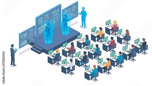 Attendees learning about data analytics from holographic instructors in modern classroom, showcasing future of education and technology with futuristic mood.