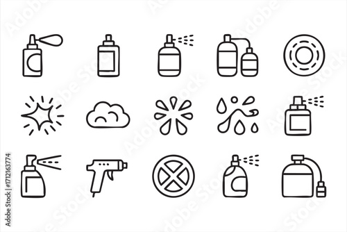 Spray bottle and disinfectant vector icons set for cleaning and hygiene design