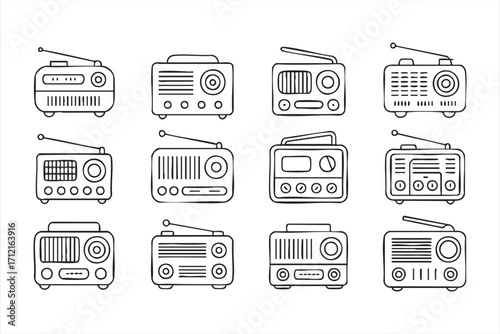 Vector illustration of old radio receivers with speakers and tuners in line style
