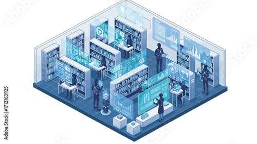 People interact with holographic displays in a futuristic library, accessing information and collaborating on projects in a bright, technologically advanced space.