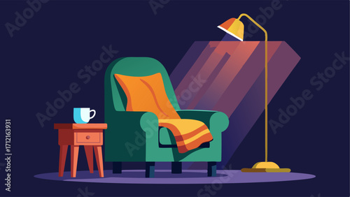 A reading nook with a comfortable armchair a knitted blanket and a floor lamp casting a warm glow.