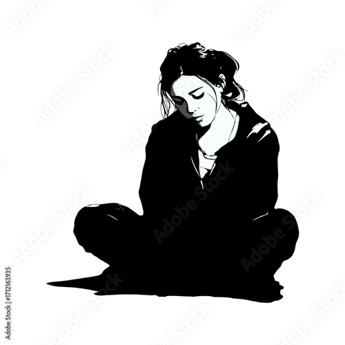 Monochrome artwork of a sad woman sitting cross-legged, minimalistic black and white style on white background, expressing solitude concept