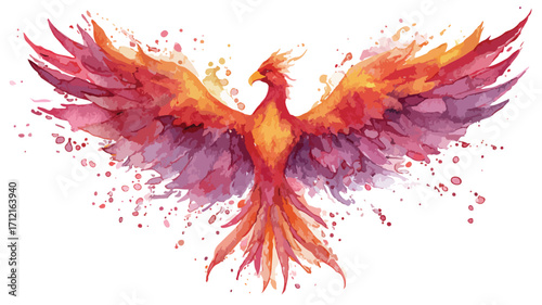 Elegant Phoenix Rising from Ashes Watercolor Painting for Success and Rebirth