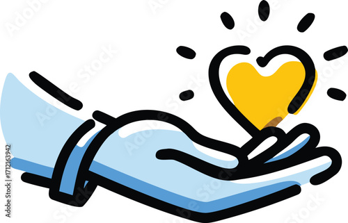 Minimalist hand holding glowing heart yellow