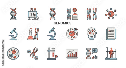 Genomics Icons Representing DNA, Chromosomes, and Scientific Research.