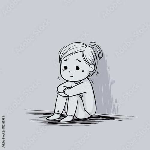 Lonely sad child sitting curled up in a corner, hand-drawn sketch style on grey background, concept of anxiety and emotional distress
