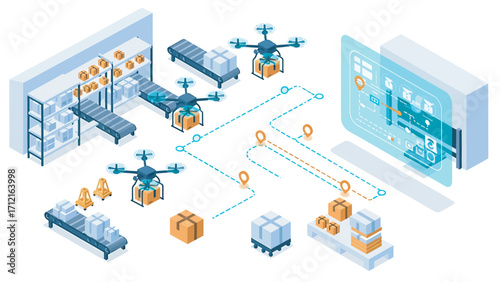 Drones transport packages through automated warehouse with conveyor belts and digital displays, showcasing modern logistics and efficiency.