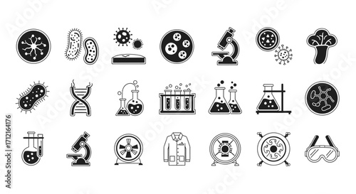 Collection of science and laboratory icons representing biology and research.