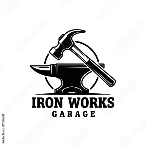 Black and white logo featuring an anvil and a hammer, with 'IRON WORKS GARAGE' text below, representing a metalworking or repair business.