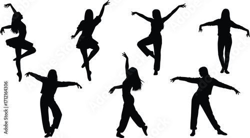 Dancing girl silhouette collection, modern dance vector illustration, ballet pose art, graceful female movement design, contemporary dancer figure, artistic performance graphic