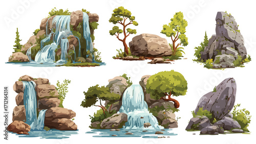 Colorful Cartoon Waterfall Elements for Nature Designs