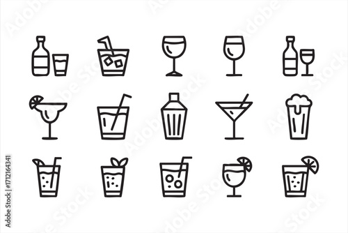 Minimal drink symbols collection featuring cocktails, beer mugs and wine glasses