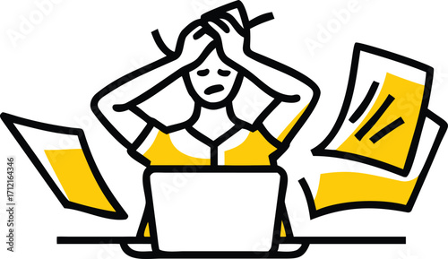 Overwhelmed woman with hands on head surrounded by papers stressed