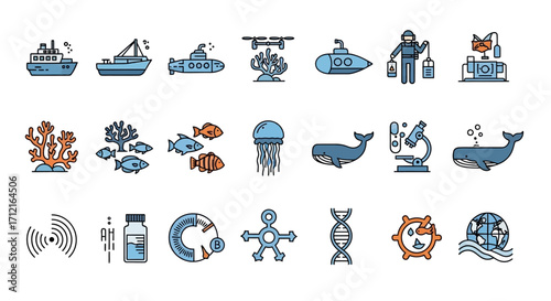 Ocean Exploration and Marine Life Illustration.