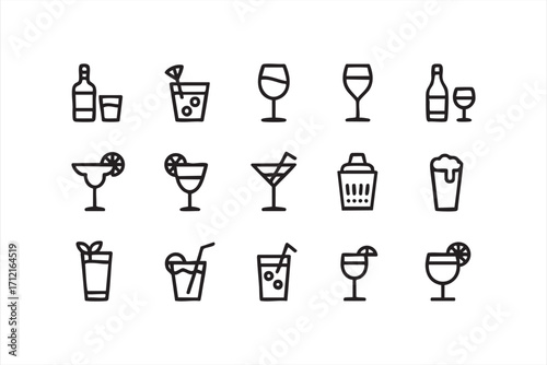 Cocktail and Drinks Line Icons Set, Wine Glass, Martini, Beer, Bottle, Shaker and Refreshing Beverage Symbols for Bar and Party Design