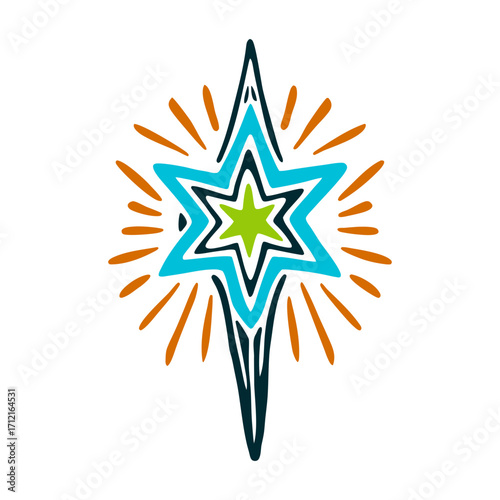 Colorful Starburst Icon on White Background Festa de Nossa Senhora da Conceicao Eight pointed silver star glowing with subtle rays