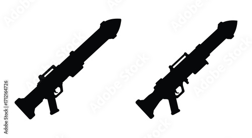Two black silhouettes of futuristic rifles on a white background displayed