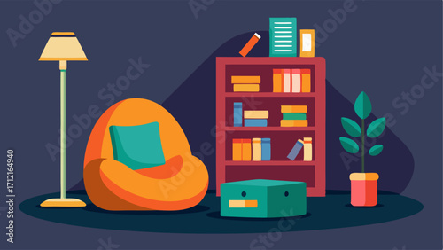 A cozy reading corner with a bean bag chair made from recycled foam a bookshelf made from reclaimed wood and a lamp made from an upcycled vase.
