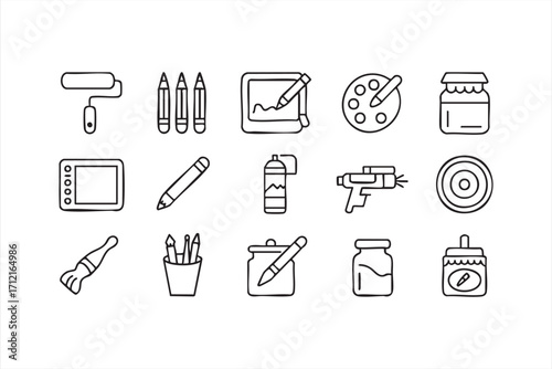 Drawing and Painting Symbols Set with Brushes Palette and Pencils