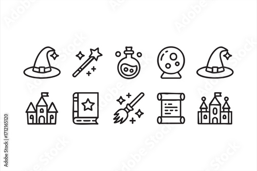 Magical Castle and Enchanted Scroll Icons Collection for Fantasy Design
