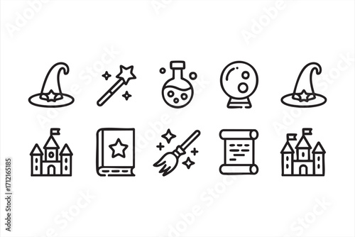 Mystical and Fairytale Symbols Set in Minimal Line Vector Style