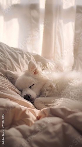 Peaceful white dog sleeping soundly in soft warm sunlight beaming through sheer curtains fluffy bed
