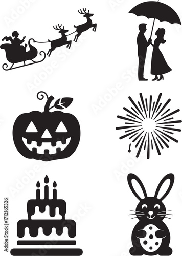 Holiday icons celebrate Christmas, Halloween, Easter, and love