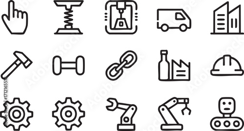 Automation and Robotics Icons Pack Featuring Robot Arm and Conveyor