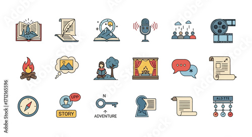 Collection of Storytelling and Creative Media Icons for Design.