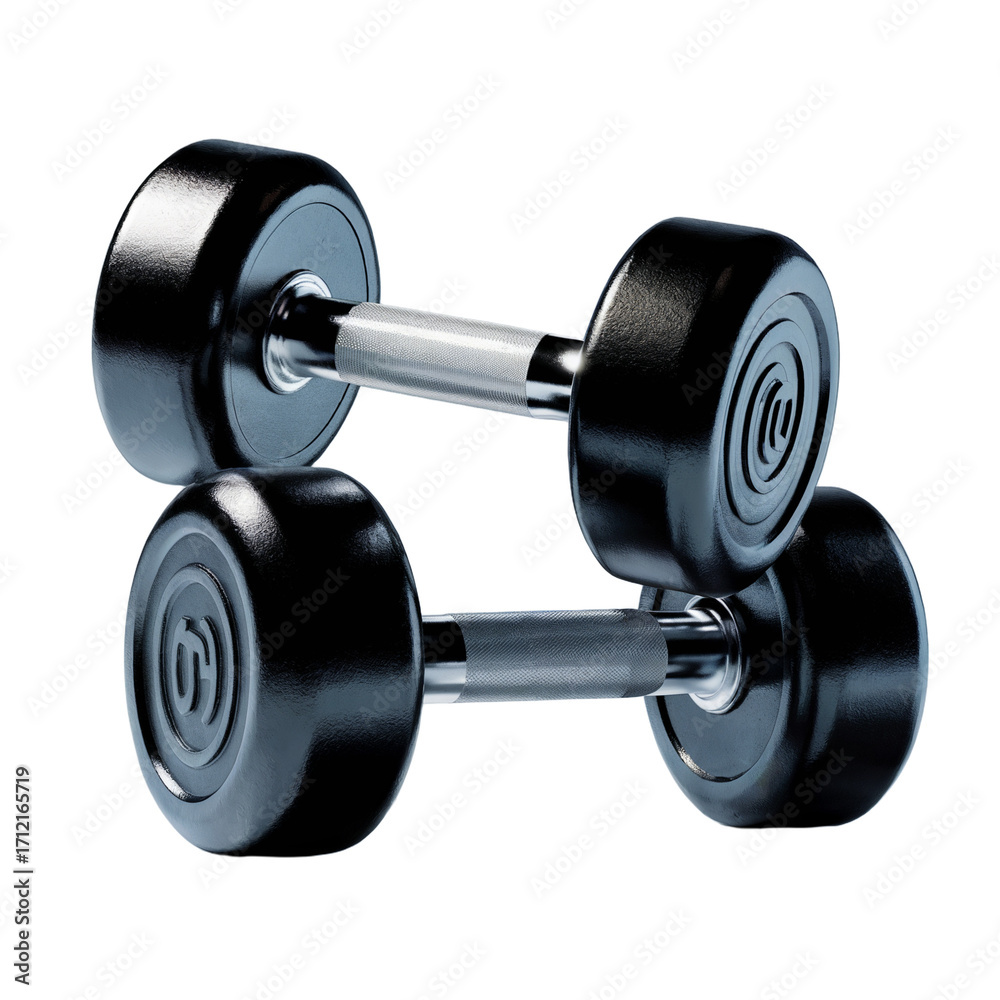 Naklejka premium Sleek Black Dumbbells: Precision Fitness Gear on Azure Gradient Background