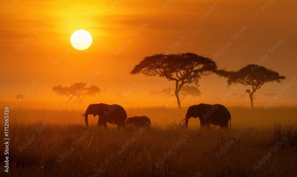 Fototapeta premium Silhouetted elephants at sunrise in savanna