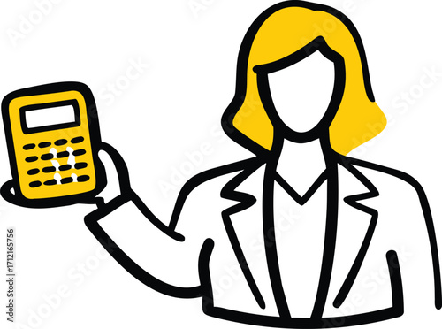 Professional woman with short blonde hair holding a calculator short hair