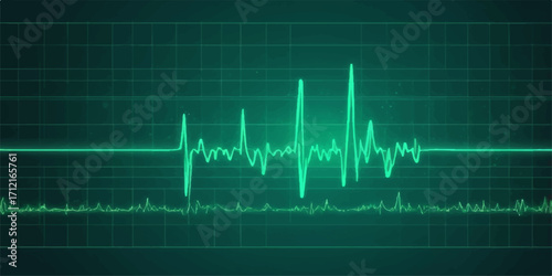 Medical image showing a heartbeat pulse or rate on a blue and green ECG monitor graph or line