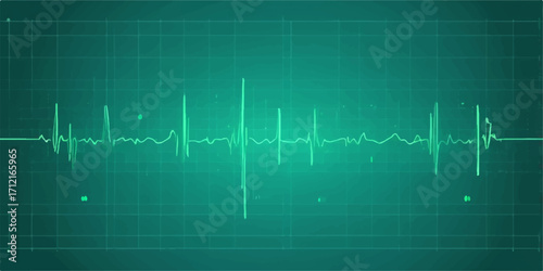 The blue and green ECG monitor shows a strong heartbeat pulse wave, a vital medical graph of life
