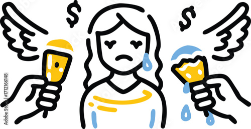 Sad person with money and wings illustration drawing