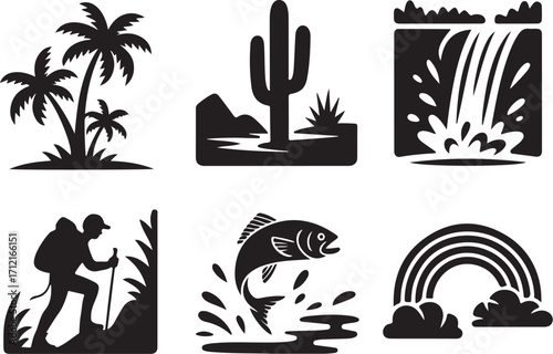 Nature icons explore adventure fish waterfall rainbow palms