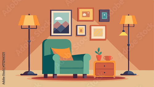 A cozy reading corner with a leather armchair and a floor lamp surrounded by framed photos and prints on the walls.