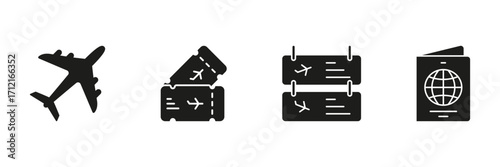 Airplane, Tickets, And Passport Solid Icon Set. Travel Planning, Flight Booking, And International Journey Silhouette Symbol Collection. Essential Travel Documents. Isolated Vector Illustration