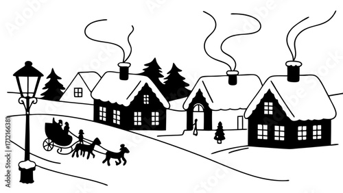 A snowy village at twilight. Smoke rises from chimneys. Lanterns glow warmly. Children play in snow. Cobblestones glisten. Horses pull carts. The scene conveys seasonal charm, warmth, and human life.